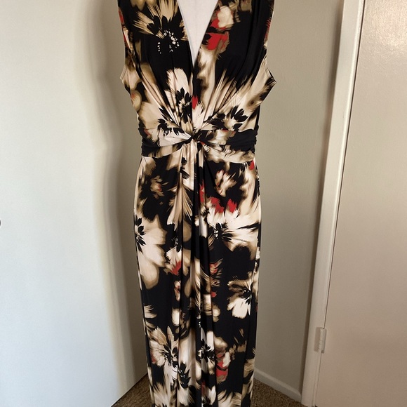 Anne Klein Black Cream Floral Maxi Dress L Large Sleeveless Event Wedding - Picture 4 of 12